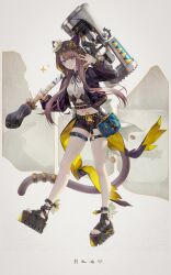1girl absurdres animal_ears animal_hood ankh arknights binggong_asylum black_footwear black_jacket black_shorts blue_eyes breasts brown_hair cat_ears cat_girl cat_hood cat_tail commentary_request full_body hammer highres holding holding_hammer hood hood_up jacket long_hair long_sleeves looking_at_viewer midriff navel o-ring o-ring_thigh_strap open_clothes open_jacket pepe_(arknights) short_shorts shorts small_breasts smile solo sparkle tail tail_ornament tail_ring thigh_strap toeless_footwear w