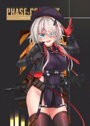 1girl astera_tofu belt belt_pouch beret black_belt black_choker black_dress black_gloves black_hat black_jacket blue_eyes breasts choker commission cosplay cropped_jacket dress gloves goddess_of_victory:_nikke grey_hair gun hair_ornament hat highres jacket multicolored_hair necktie open_clothes open_jacket open_mouth phase_connect pink_hair pouch rapi_(nikke) rapi_(nikke)_(cosplay) red_gloves red_necktie rinkou_ashelia smile solo star_(symbol) streaked_hair two-sided_fabric two-sided_gloves two-sided_jacket virtual_youtuber weapon
