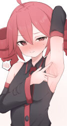 1girl absurdres ahoge arm_up armpits averting_eyes black_sleeves blush breasts collared_shirt commentary_request detached_sleeves dot_nose double-parted_bangs drill_hair embarrassed furrowed_brow hair_between_eyes half-closed_eyes highres kasane_teto long_sleeves medium_breasts medium_hair nicomi-chan nose_blush number_tattoo presenting_armpit red_eyes red_hair red_trim shirt simple_background solo spoken_blush spread_armpit sweat tattoo twin_drills upper_body utau v v-shaped_eyebrows wavy_mouth white_background