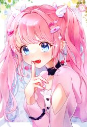 Rule 34 | 1girl, blue eyes, blush, choker, earrings, fang, food, food-themed hair ornament, fruit, hair ornament, hairclip, heart, heart hair ornament, highres, jewelry, kumono ame, long hair, long sleeves, looking at viewer, nail polish, open mouth, original, pink hair, pink nails, smile, solo, twintails, upper body, wing hair ornament