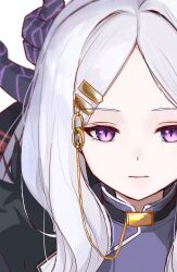 1girl ahoge black_coat blue_archive coat coat_on_shoulders demon_girl demon_horns hair_ornament hairclip highres hina_(blue_archive) horns long_hair looking_at_viewer purple_eyes solo taosabi82 white_hair