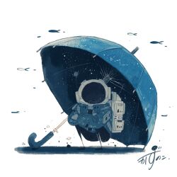 Rule 34 | 1other, artist name, backpack, bag, blue jacket, commentary, constellation, crossed arms, facing viewer, fish, flying fish, full body, gloves, helmet, highres, jacket, kazunoko (kazunoko zunoco), original, other focus, radio antenna, shadow, signature, simple background, solo, space, space helmet, squatting, star (sky), umbrella, white background, white gloves