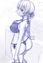 1girl absurdres ass bikini braid breasts butt_crack cleavage covered_erect_nipples crowd darjeeling_(girls_und_panzer) girls_und_panzer hair_bun half-closed_eyes highres huge_ass large_breasts legs looking_at_viewer medium_hair monochrome navel open_mouth public_indecency seductive_gaze side-tie_bikini_bottom sideboob sketch sweat swimsuit thighs thong_bikini tongue