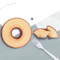 artist_name baumkuchen bird cake cake_slice commentary_request food food_focus fork inaco no_humans original still_life watermark web_address