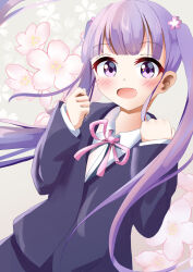 Rule 34 | 1girl, blush, business suit, cherry blossoms, dot nose, feet out of frame, female focus, formal clothes, hair ornament, highres, holding, long hair, long sleeves, looking at viewer, mokaerina, new game!, open mouth, purple eyes, purple hair, solo, standing, suit, suzukaze aoba, tears, video game