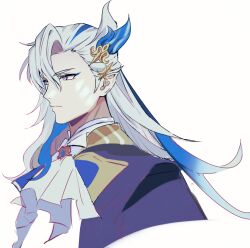 1boy ascot blue_hair closed_mouth commentary cropped_torso fuku-ro genshin_impact hair_between_eyes hair_ornament highres long_hair male_focus multicolored_hair neuvillette_(genshin_impact) pointy_ears purple_eyes simple_background solo upper_body white_ascot white_background white_hair