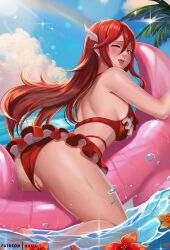 1girl :d ass back bikini bikini_bottom_aside bikini_skirt blush breasts cleft_of_venus clothing_aside cordelia_(fire_emblem) cordelia_(knight_paradise)_(fire_emblem) day exlic fire_emblem fire_emblem_awakening fire_emblem_heroes flower from_behind hair_ornament highres inflatable_toy long_hair looking_at_viewer looking_back medium_breasts nintendo official_alternate_costume open_mouth orange_flower outdoors palm_tree pussy red_bikini red_hair smile solo straddling sunlight swimsuit tree uncensored water wing_hair_ornament