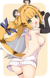 1girl :d absurdres alternate_costume animal_ears ass black_gloves blonde_hair blue_bow blush bow breasts elbow_gloves fang gloves green_eyes grey_hair highres ju_fufu long_hair looking_at_viewer medium_breasts meme_attire multicolored_hair nkct open_mouth paw_pose sideboob skin_fang smile solo tail tail_bow tail_ornament thigh_strap tiger_ears tiger_girl tiger_stripes tiger_tail two-tone_hair virgin_killer_sweater zenless_zone_zero