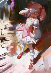 1girl absurdres arm_up bow bubble_skirt daodtt empty_eyes full_body gem gloves hair_bow hair_ribbon hashtag-only_commentary highres kaname_madoka magical_girl mahou_shoujo_madoka_magica painterly pink_gemstone pink_hair puffy_sleeves red_bow red_eyes red_shoes ribbon shadow shoes short_hair short_twintails skirt socks solo soul_gem standing strappy_heels twintails white_gloves white_socks