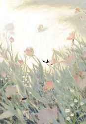 bug butterfly flower highres insect landscape leaf licheng199 no_humans original painting_(medium) pink_flower plant scenery sky traditional_media