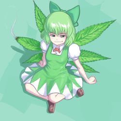 1girl alternate_color alternate_costume alternate_element alternate_wings arm_support bloodshot_eyes bow bowtie breasts brown_shoes burning cirno closed_mouth colored_sclera commentary dress drugged english_commentary female_focus full_body green_bow green_dress green_eyes green_hair green_wings hair_bow hapa_cirno highres leaf_wings loafers marijuana pinafore_dress profitshame puffy_short_sleeves puffy_sleeves red_bow red_bowtie revision shoes short_hair short_sleeves sitting sleeveless sleeveless_dress small_breasts smirk smoke solo stoned touhou wings
