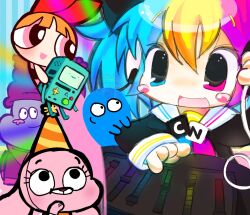 adventure_time anais_watterson blonde_hair blooregard_q_kazoo blossom_(ppg) blue_eyes blue_hair bmo cartoon_network chibi chibi_only chowder_(character) chowder_(series) clancypaw company_connection crossover foster&#039;s_home_for_imaginary_friends hat heterochromia highres multicolored_hair personification pink_eyes pink_hair powerpuff_girls school_uniform serafuku the_amazing_world_of_gumball toon_(style)