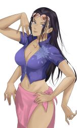 1girl absurdres black_hair blue_eyes blue_jacket breasts cleavage closed_mouth collarbone commentary cowboy_shot cropped_jacket devil_fruit_power extra_arms eyelashes eyewear_on_head gloxuba hair_slicked_back hana_hana_no_mi hand_on_own_hip high_collar highres jacket large_breasts long_hair looking_at_viewer midriff navel nico_robin nico_robin_(return_to_sabaody) one_piece pink_nails pink_sarong sarong short-sleeved_jacket short_sleeves sidelocks simple_background smile solo white_background zipper