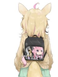 1girl ahoge alternate_costume animal_ears bag black_bag black_shoes blonde_hair cardigan doll fox_ears fox_girl fox_tail from_behind green_skirt hakui_koyori highres holding holding_bag hololive necktie omaru_polka pink_hair pink_necktie purple_eyes shirt shoes skirt solo suzu_coconatu tail transparent_bag white_shirt wolf_ears wolf_girl wolf_tail yellow_cardigan