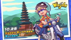 aqua_helmet aqua_shirt beach birthday blonde_hair blue-framed_eyewear blue_eyes blue_pants blue_pupils blue_sky building burton_(ninjala) character_name cloud collared_shirt commentary copyright_name copyright_notice english_commentary english_text floral_print_shirt floral_print_sleeves fluffy_hair gungho halftone happy_birthday helmet holding holding_paper logo motor_vehicle ninjala official_art on_scooter open_clothes open_mouth open_shirt outdoors pants pants_rolled_up paper photo_(object) polka_dot print_shirt red_shirt red_sleeves rianti-wong scooter second-party_source semi-rimless_eyewear shirt shuriken sky sleeves_pushed_up teeth text_print tongue tree upper_teeth_only watermark weapon web_address