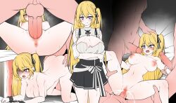 Rule 34 | 1girl, 3boys, absurdres, all fours, anus, artist request, black skirt, blonde hair, blush, bound, bound wrists, breasts, cleavage, closed mouth, commission, completely nude, cum, cum in pussy, cum overflow, doggystyle, erection, gangbang, group sex, hetero, highres, large breasts, long hair, looking at viewer, lying, missionary, multiple boys, multiple views, nipples, nude, on back, open mouth, original, penis, purple eyes, pussy, second-party source, sex, sex from behind, shirt, skirt, solo focus, uncensored, vaginal, white shirt