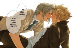 Rule 34 | 2boys, black jacket, blonde hair, blue eyes, blush, cloud strife, cloud strife (midgard seventh high school), commentary, confession, earrings, english commentary, english text, felsparks, final fantasy, final fantasy vii, final fantasy vii ever crisis, grey hair, highres, jacket, jewelry, long sleeves, looking at another, male focus, multiple boys, official alternate costume, school uniform, sephiroth, sephiroth (ever crisis), sephiroth (shinra private academy), short hair, single earring, speech bubble, spiked hair, straddling, yaoi