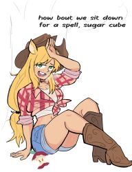 1girl absurdres animal_ears apple applejack blonde_hair blush boots breasts cleavage cowboy_boots cowboy_hat denim denim_shorts english_text food freckles fruit green_eyes hat highres horse_ears horse_girl japvs long_hair looking_at_viewer low-tied_long_hair medium_breasts my_little_pony my_little_pony:_friendship_is_magic open_mouth personification shirt shorts sitting smile sweat tied_shirt