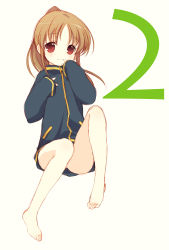 10s 1girl bad_anatomy bad_feet bad_id bad_pixiv_id bare_legs barefoot bottomless brown_hair feet female_focus jacket long_hair long_sleeves naked_jacket no_panties no_pants ponytail red_eyes saki saki_(manga) saki_achiga-hen sitting sketch sleeves_past_wrists smile solo takakamo_shizuno tokumi_yuiko track_jacket