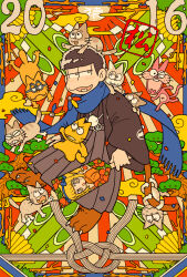 1boy 2016 animal_feet bamboo_shoot black_hair blue_border blue_scarf blush border branch cat claws cloud confetti esper_nyanko food full_body hakama heart heart_in_mouth holding holding_paddle japanese_clothes male_focus matsuno_ichimatsu medoroooa noodles open_mouth orange_cat osomatsu-san osomatsu_(series) paddle pink_cat scarf short_hair solo sunburst sunburst_background tensai_bakabon translation_request white_cat wide_sleeves