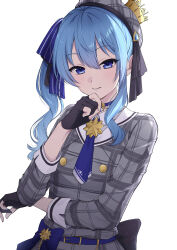 1girl absurdres ascot belt beret black_gloves blue_ascot blue_belt blue_eyes blue_hair blue_ribbon blush dress gloves hair_ribbon hat highres hololive hoshimachi_suisei hoshimachi_suisei_(1st_costume) parted_lips partially_fingerless_gloves plaid_clothes plaid_dress plaid_hat ribbon sayosayo-0 side_ponytail simple_background solo virtual_youtuber white_background