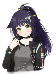 1girl aduki_(zrpw7545) animal_ears arknights black_collar black_jacket blush collar commentary grey_shirt hair_ornament hand_in_own_hair hand_up headset highres jacket jessica_(arknights) jessica_the_liberated_(arknights) long_hair looking_at_viewer microphone open_clothes open_jacket open_mouth ponytail purple_hair shirt simple_background solo strap t-shirt white_background yellow_eyes
