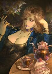 Rule 34 | 1girl, black chemise, blonde hair, blue choker, bracelet, breasts, chemise, choker, cleavage, closed eyes, dress, gold bracelet, gold nails, highres, holding, holding smoking pipe, jacket, jewelry, lace-trimmed chemise, large breasts, long hair, mole, mole on cheek, o-ring, o-ring choker, path to nowhere, purple lips, renepolumorfous, smoking pipe, solo, vautour bleu (path to nowhere)