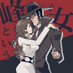 1boy 1girl black_eyes black_hair brown_hair brown_hat closed_mouth coat commentary_request facial_hair fedora gun hat high_collar highres holding holding_gun holding_weapon jacket long_hair long_sleeves looking_at_viewer lupin_iii mine_fujiko necktie red_necktie shirt sideburns smile tian_niunai_hezi translation_request trench_coat weapon white_shirt wing_collar zenigata_kouichi
