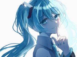 1girl absurdres bare_shoulders black_sleeves blue_eyes blue_hair blue_nails blue_necktie blue_trim closed_mouth collared_shirt commentary_request detached_sleeves double-parted_bangs finger_to_mouth grey_shirt hair_between_eyes hair_ornament hand_up hatsune_miku highres index_finger_raised long_hair long_sleeves looking_at_viewer miku_day nail_polish necktie portrait saikisaika shirt sidelighting simple_background sleeveless sleeveless_shirt smile solo twintails vocaloid white_background