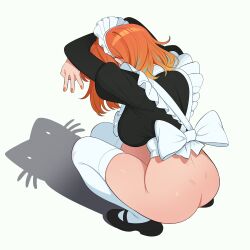 1girl absurdres anna_(maidcousin) aqua_hair ass black_shoes bottomless breasts cat_shadow_puppet_(meme) commentary frills from_behind full_body highres juliet_sleeves large_breasts long_sleeves maid maid_headdress maidcousin mary_janes medium_hair meme multicolored_hair nail_polish orange_hair orange_nails original puffy_sleeves shadow shadow_puppet shoes simple_background solo squatting thighhighs two-tone_hair white_background white_thighhighs