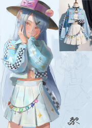 1girl alternate_costume bandeau wallet_chain black_hat blue_background blue_hair blue_jacket blush bow buttons checkered_clothes closed_mouth collared_jacket commentary_request contemporary cowboy_shot cropped_jacket hair_ornament hair_ribbon hairclip hands_on_own_cheeks hands_on_own_face hat hat_bow heart highres hinanawi_tenshi jacket long_hair long_sleeves looking_to_the_side midriff navel orange_eyes peach_hat_ornament photo_inset pleated_skirt purple_bow rainbow_print ribbon ropu_1 sketch_inset skirt solo sparkle standing swept_bangs touhou very_long_hair white_bandeau white_skirt