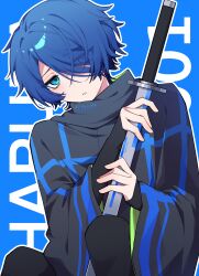 1boy absurdres aqua_eyes blue_background blue_hair character_name eyes_visible_through_hair grey_shirt hair_over_one_eye highres holding holding_sword holding_weapon looking_at_viewer male_focus medium_hair milgram outline parted_lips sakurai_haruka_(milgram) shirt solo sword weapon white_outline wide_sleeves yingwux1