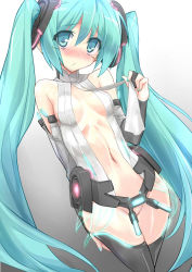 1girl aqua_hair bare_shoulders eeeeee female_focus hatsune_miku hatsune_miku_(append) jpeg_artifacts long_hair navel no_panties solo thighhighs twintails vocaloid vocaloid_append