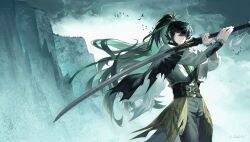 1boy absurdres black_hair black_pants chinese_clothes closed_mouth commentary cowboy_shot green_ribbon hair_between_eyes hair_ribbon highres holding holding_sword holding_weapon katana long_hair long_sleeves looking_at_viewer male_focus niahti pants ponytail qiuyuan_(wuthering_waves) ribbon shirt sidelocks signature solo sword symbol-only_commentary very_long_hair weapon white_shirt wuthering_waves yellow_eyes