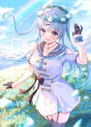 1girl black_bow black_bowtie black_gloves blue_eyes blue_flower blue_hair blush bow bowtie braid breasts cloud collar collarbone dress falling_petals flower garter_straps gloves grass grey_sailor_collar grey_thighhighs hair_ornament hairclip half_gloves head_wreath highres jewelry long_hair medium_breasts necklace open_mouth outdoors petals project_nebula rainbow sailor_collar second-party_source sky solo thighhighs toki_(toki_ship8) usui_yura virtual_youtuber white_dress white_flower