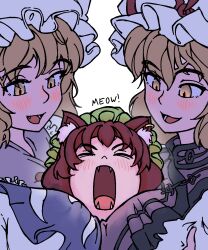 3girls animal_ear_fluff animal_ears between_breasts blonde_hair blush breast_press breasts breasts_squeezed_together brown_hair cat_ears cat_girl chen commentary english_commentary facing_viewer fang fangs fox_girl frills green_hat hand_under_clothes hat hat_ribbon highres large_breasts looking_at_another meowing multiple_girls open_mouth portrait ribbon shouting simple_background stirfriedspam touhou white_hat yakumo_ran yakumo_yukari yellow_eyes