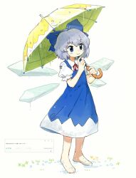 1girl barefoot blue_bow blue_dress blue_eyes blue_hair blush_stickers bow cirno collared_shirt commission dress grass hair_bow highres holding holding_umbrella ice ice_wings looking_to_the_side making-of_available neck_ribbon nendo23 pinafore_dress puffy_short_sleeves puffy_sleeves red_ribbon request_inset ribbon shirt short_hair short_sleeves simple_background sleeveless sleeveless_dress smile touhou umbrella water_drop white_background white_shirt wings