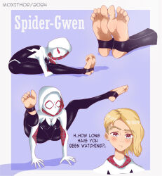 Rule 34 | 1girl, barefoot, blonde hair, blue eyes, blush, feet, gwen stacy, highres, looking at viewer, moxithor, short hair, soles, spider-gwen, spider-man: into the spider-verse, spider-man (series), spider-verse, stirrup legwear, toeless legwear, toes