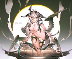 1girl aqua_eyes breasts cleavage copyright_request dated earrings fang floating full_moon grey_hair hair_between_eyes highres jewelry long_hair medium_breasts mole mole_on_breast mole_under_eye moon multiple_wings navel parted_lips pointy_ears revealing_clothes shang_fa shiny_skin single_shoulder_pad solo tail wings