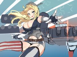 1girl asymmetrical_legwear black_gloves blonde_hair blue_eyes breasts cannon cleavage elbow_gloves foreshortening front-tie_top garter_straps gloves headgear iowa_(kancolle) kantai_collection large_breasts long_hair miniskirt mismatched_legwear navel osananajimi_neko skirt solo star-shaped_pupils star_(symbol) striped_clothes striped_skirt striped_thighhighs symbol-shaped_pupils thighhighs vertical-striped_clothes vertical-striped_skirt vertical-striped_thighhighs
