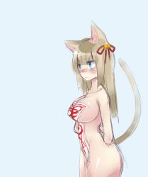 1girl animal_ears arms_behind_back bell blue_background blue_eyes blush breasts brown_hair cat_ears cat_girl cat_tail closed_mouth cowboy_shot hair_bell hair_ornament hair_ribbon jingle_bell large_breasts long_hair looking_afar nose_blush nude ragnarok_online red_ribbon ribbon shirokuro_(erisnoa) simple_background solo sura_(ragnarok_online) tail