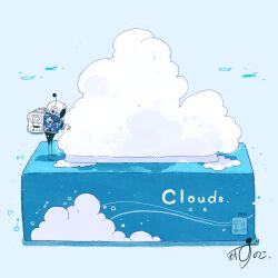 1other absurdres artist_name backpack bag blue_background blue_jacket cloud commentary fish flying_fish gloves helmet highres jacket kazunoko_(kazunoko_zunoco) mini_person original radio_antenna signature simple_background solo space_helmet standing tissue_box white_gloves