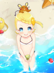 1girl alternate_color atg_(wttoo0202) bag bare_shoulders beach bikini blonde_hair blue_eyes blush bonnie_(pokemon) braid child dedenne flat_chest gen_1_pokemon gen_6_pokemon highres holding legendary_pokemon looking_at_viewer midriff nintendo open_mouth poke_ball pokemon pokemon_(creature) pokemon_xy staryu swimsuit whiskers zygarde