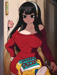 absurdres anya_(spy_x_family) c_starlett child colored_skin crossover food hat highres long_hair nickelodeon paramount_pictures pink_hair pizza pizza_box red_sweater shounen sponge spongebob_squarepants spongebob_squarepants_(series) spy_x_family sweater yellow_skin yor_briar