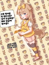1girl absurdres animal_ears bell blue_eyes bow brown_hair butter_(trickcal) can canned_food collar daibo44 dog_ears dog_girl dog_tail hair_bow highres korean_text long_hair neck_bell open_mouth pink_shoes pink_shorts ribbon shirt shoes short_sleeves shorts smile solo striped_clothes striped_thighhighs tail thighhighs translation_request trickcal white_shirt yellow_ribbon yellow_shirt