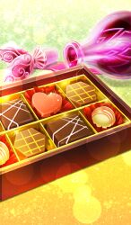 bottle box box_of_chocolates candy chocolate chocolate_heart chocolate_lady_no_karasawagi commentary elixir_of_love_(fate) fate/grand_order fate_(series) food food_focus green_background heart heart-shaped_food in_box in_container lasengle lens_flare no_humans official_art orange_background sparkle spill third-party_source white_chocolate