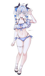 1girl absurdres ahoge aokumo_rin bare_shoulders bikini blue_bikini blue_eyes blue_hair breasts choker cleavage closed_mouth colored_eyelashes commentary drill_hair frilled_bikini frills front-tie_bikini_top front-tie_top gluteal_fold hair_ribbon hand_up highres long_hair looking_at_viewer medium_breasts multi-strapped_bikini_bottom multicolored_hair navel ribbon sandals side-tie_bikini_bottom simple_background smile solo stellive stomach streaked_hair string_bikini swimsuit symbol-only_commentary thigh_gap thigh_strap thighs twin_drills twintails two-tone_hair vini_(frisco) virtual_youtuber white_background white_choker white_eyelashes white_hair