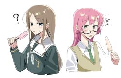 Rule 34 | 2girls, bang dream!, bang dream! it&#039;s mygo!!!!!, blue eyes, blue shirt, brown hair, brown sweater vest, chihaya anon, commentary request, fang, food, glasses, green necktie, grey eyes, grey neckerchief, haidao mao, haneoka school uniform, hickey, highres, holding, holding food, holding popsicle, long hair, long sleeves, multiple girls, nagasaki soyo, neckerchief, necktie, open mouth, pink hair, popsicle, school uniform, shirt, sidelocks, simple background, sweat, sweater vest, tongue, tongue out, tsukinomori school uniform, upper body, white background, yuri