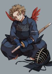 1boy alternate_costume artist_name bad_id bad_pixiv_id blonde_hair boku_no_hero_academia bougu commentary feathers gloves grey_background grin hawks_(boku_no_hero_academia) holding holding_weapon kadeart kendo kendo_mask looking_at_viewer male_focus mini_wings one_eye_closed red_wings shinai simple_background smile solo squatting sword teeth weapon wings