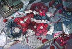 1girl black_hair blue_butterfly blue_eyes blue_hair boots bug butterfly chaomao doll_joints dress highres insect joints long_hair looking_at_viewer lying on_back on_floor original red_dress solo